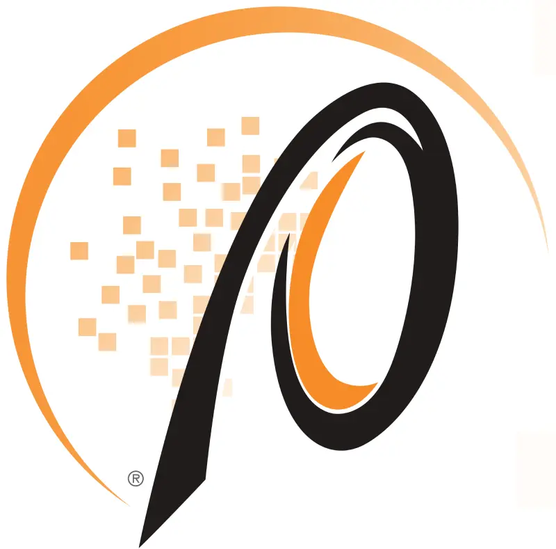 A logo of an orange and black spiral.